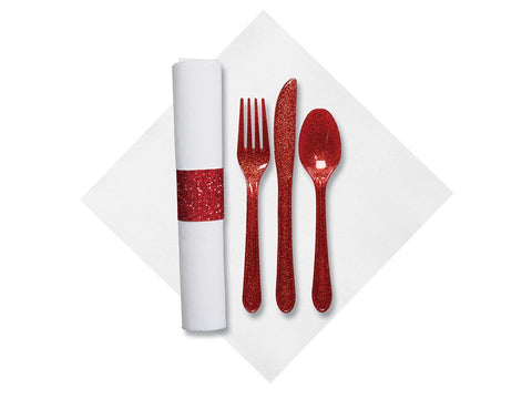 Hoffmaster CaterWrap Fashnpoint White Dinner Napkin Heavyweight Plastic Red Glitz Cutlery Wrap with Red Glit Band Kit -- 100 per case.