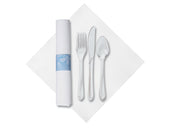 Hoffmaster CaterWrap Fashnpoint White Dinner Napkin Heavyweight Plastic Clear Cutlery Wrap with Blue Snowflake Band Kit -- 100 per case.