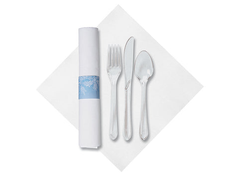 Hoffmaster CaterWrap Fashnpoint White Dinner Napkin Heavyweight Plastic Clear Cutlery Wrap with Blue Snowflake Band Kit -- 100 per case.