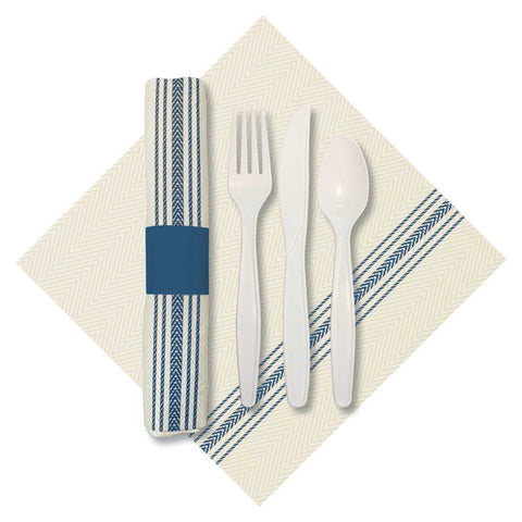 Hoffmaster CaterWrap Blue Pre Rolled Ticking Stripe Dinner Napkin with EarthWise Cutlery -- 100 per case