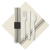 Hoffmaster CaterWrap Black Pre Rolled Ticking Stripe Dinner Napkin with EarthWise Cutlery -- 100 per case