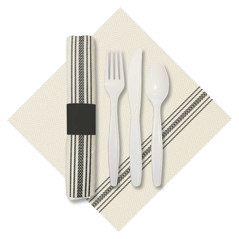 Hoffmaster CaterWrap Black Pre Rolled Ticking Stripe Dinner Napkin with EarthWise Cutlery -- 100 per case