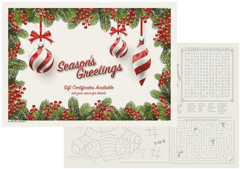 Hoffmaster Paper 5 Colors 2 Sided Holiday Ornament Gift Certificate Placemat, 10 x 14 inch -- 1000 per case.