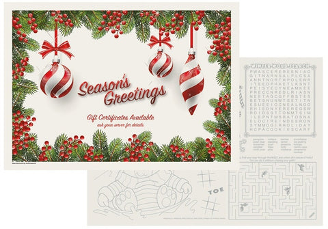 Hoffmaster Paper 5 Colors 2 Sided Holiday Ornament Gift Certificate Placemat, 10 x 14 inch -- 1000 per case.