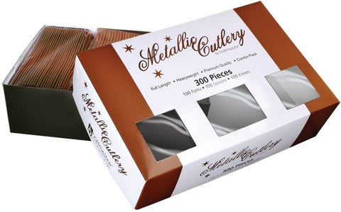 Hoffmaster Plastic Rose Gold Metallic Forks Knives and Spoons Cutlery Kit -- 300 per case.
