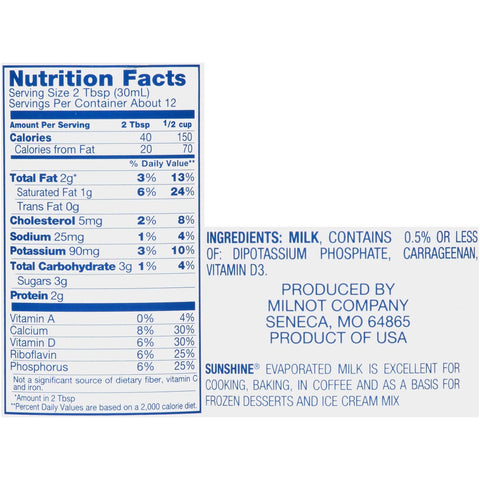 Sunshine Evaporated Milk, 12 Fluid Ounce -- 24 per case.