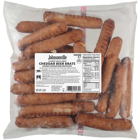 Johnsonville Ultimate Heat and Serve Cooked Cheddar Beer Bratwurst, 80 Ounce -- 2 per case.