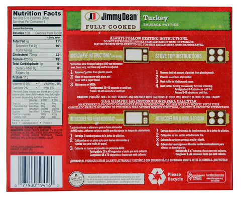 Jimmy Dean Fully Cooked Turkey Sausage Patty, 9.6 Ounce -- 8 per case.