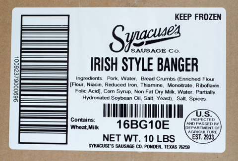 Syracuse Sausage 3.2 Ounce Irish Style Banger Link, 10 Pound.