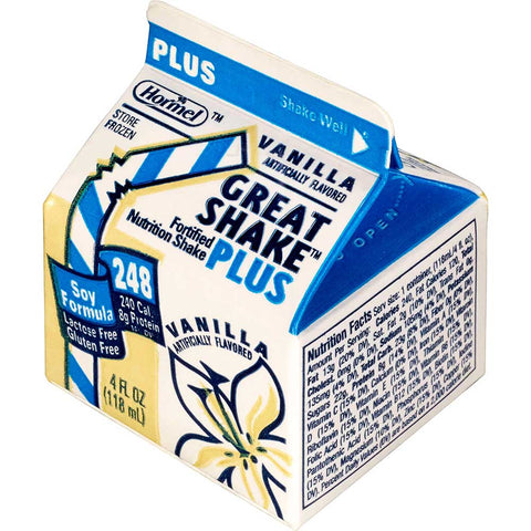 Hormel Healthlabs Great Shake Plus Junior Vanilla Soy Beverage, 4 Ounce -- 50 per case.