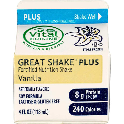 Hormel Healthlabs Great Shake Plus Junior Vanilla Soy Beverage, 4 Ounce -- 50 per case.