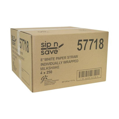Galligreen Sip n Save White Wrapped Paper Milkshake Straw , 8 inch - 250 per pack -- 4 packs per case