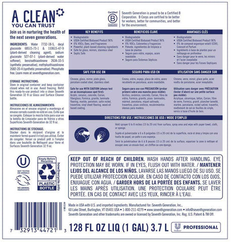 Seventh Generation Pro Glass and Surface Cleaner Refill, Free and Clear, Unscented, 128 Fluid Ounce -- 2 per case
