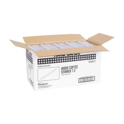 Handgards Individually Wrapped Paper 7.5 inch Wood Coffee Stirrer - 500 count per pack -- 10 packs per case