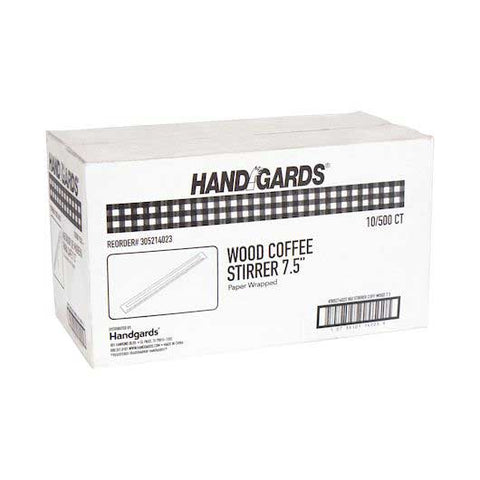 Handgards Individually Wrapped Paper 7.5 inch Wood Coffee Stirrer - 500 count per pack -- 10 packs per case
