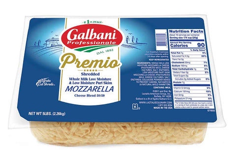 Galbani Professionale Premium Whole Milk Low Moisture Mozzarella Part Skim Low Moisture Cheese Shred Blend, 5 Pound -- 6 per case.