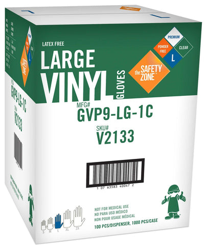 The Safety Zone Clear Large Premium Powder Free Vinyl Gloves -- 1000 per case