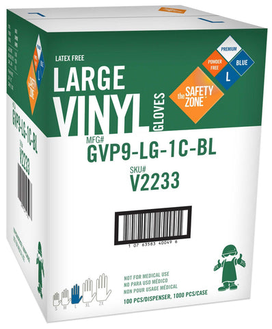 The Safety Zone Large Blue Premium Powder Free Vinyl Gloves -- 1000 per case