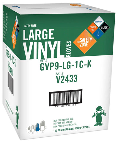 The Safety Zone Large Black Powder Free Vinyl Gloves -- 1000 per case
