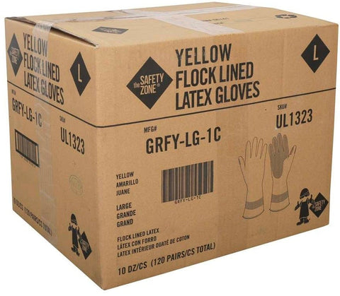 The Safety Zone Yellow Large Flock Lined Latex Gloves - 1 pair per pack -- 120 packs per case