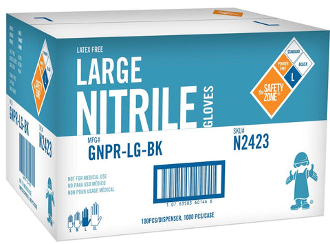 The Safety Zone Black 3.3 Mil Large Powder Free Nitrile Gloves -- 1000 per case