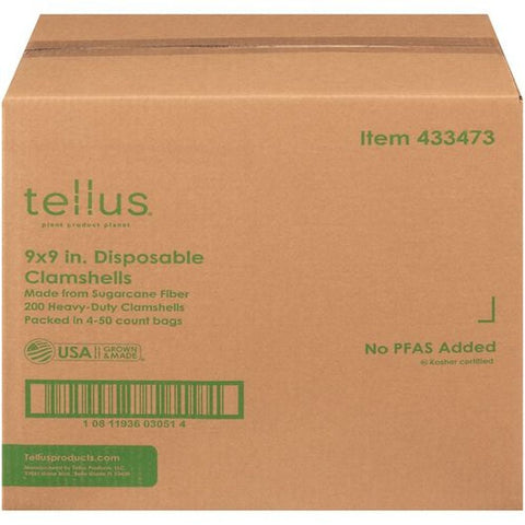 Tellus No PFAS Added Sugarcane Fiber Disposable Clamshell, 9 x 9 inch - 200 per pack -- 4 packs per case