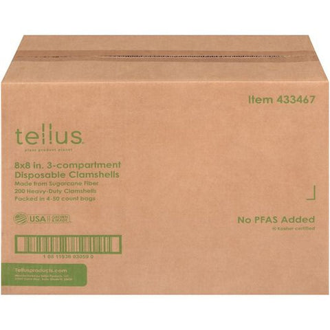 Tellus No PFAS Added Sugarcane Fiber Square Disposable 3 Compartment Clamshell, 8 x 8 inch - 200 per pack -- 4 packs per case