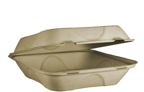 World Centric 1 Compartment Compostable Heavy Weight Unbleached Plant Fiber Clamshell, 9 x 9 x 3 inch -- 300 per case.