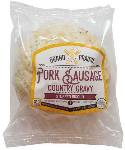 Grand Prairie Foods Pork Sausage Country Gravy Stuffed Buttermilk Biscuit, 4.5 Ounce -- 24 per case.