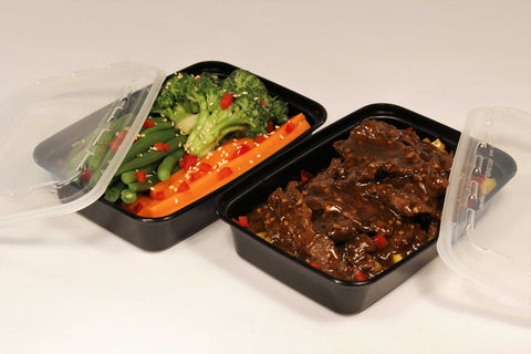Cubeware Rectangular Black Reusable Plastic Microwavable Food Container with Clear Lid Set, 16 Ounce -- 150 set per case.