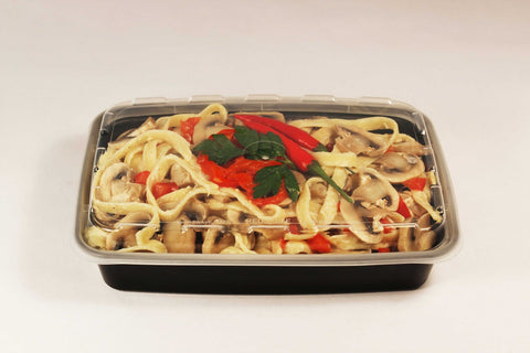 Cubeware Rectangular Black Reusable Plastic Microwavable Food Container with Clear Lid Set, 28 Ounce -- 150 set per case.