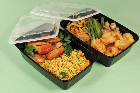 Cubeware Rectangular Black Reusable Plastic Microwavable Food Container with Clear Lid Set, 38 Ounce -- 150 set per case.