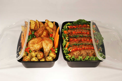 Cube Rectangular Black Reusable Plastic Food Container with Clear Lid Set, 56 Ounce -- 100 set per case.