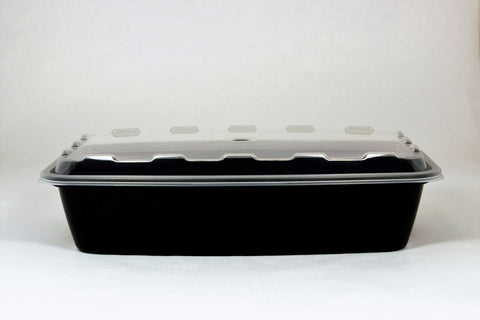 Cube Rectangular Black Reusable Plastic Food Container with Clear Lid Set, 56 Ounce -- 100 set per case.