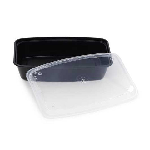 Cube Rectangular Black Reusable Plastic Food Container with Clear Vented Lid Set, 56 Ounce -- 100 set per case.