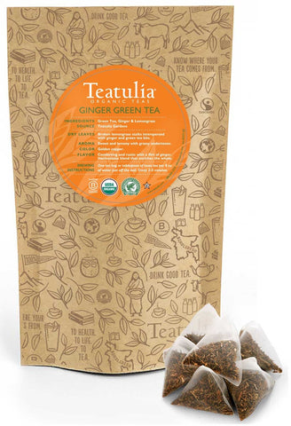 Teatulia Organic Unwrapped Premium Pyramid Ginger Green Tea -- 50 per case