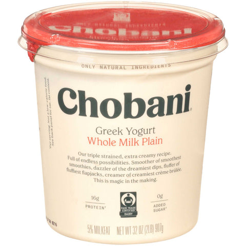 Chobani Greek Yogurt 4 Percent Whole Fat Plain, 32 Ounce -- 6 per case.