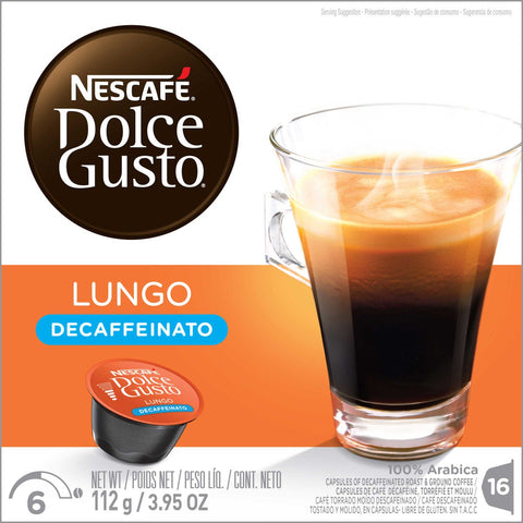 Nescafe Dolce Gusto Lungo Decaffeinato Coffee Capsules, 16 count per pack -- 3 per case.