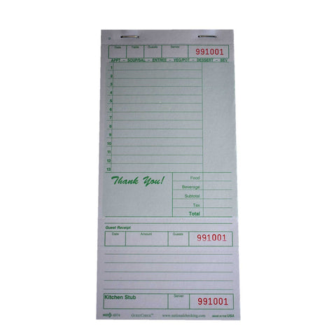 National Checking Company Guest Check Board - 1 Part Green, 13 Line, 4.20 x 9 inch -- 20 per case.