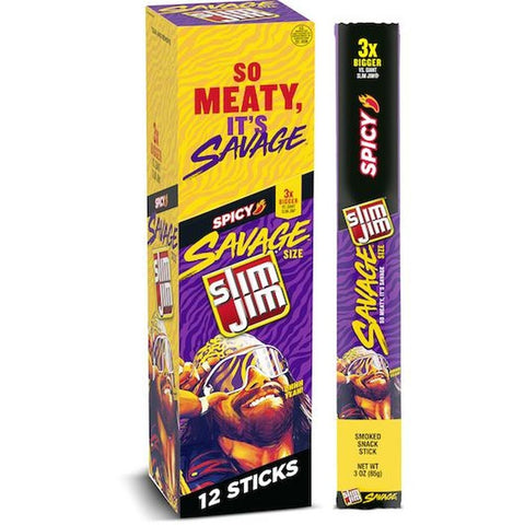 Slim Jim Savage Size Smoked Spicy Meat Sticks, 3 Ounce - 12 count per pack -- 6 packs per case