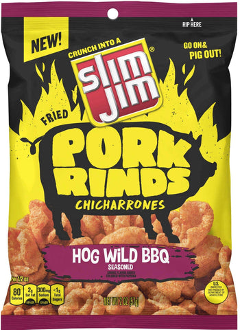 Slim Jim Hog Wild BBQ Fried Pork Rinds Snacks, 2 Ounce Bag -- 12 per case