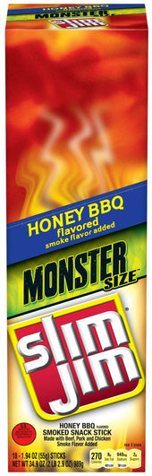 Slim Jim Honey Barbeque Monster Stick - 18 count per box -- 6 boxes per case