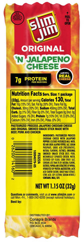 Slim Jim Original N Jalapeno Cheese Beef Snack Stick, 1.15 Ounce - 14 count per pack -- 6 packs per case