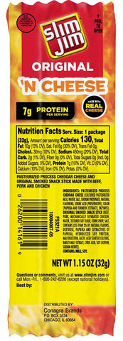 Slim Jim Original N Cheese Snack Sticks, 1.15 Ounce - 14 count per pack -- 6 packs per case