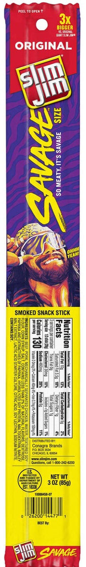Slim Jim Savage Original Flavor Smoked Meat Snack Sticks, 3 Ounce - 12 count per pack -- 6 packs per case