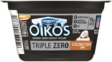 Oikos Triple Zero Coconut Creme Blended Greek Nonfat Yogurt, 5.3 Ounce -- 12 per case.