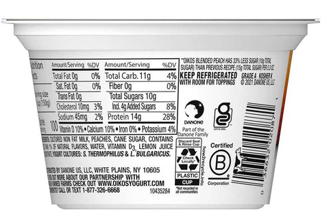 Oikos Dannon Core Peach Blended Nonfat Greek Yogurt, 5.3 Ounce Cup -- 12 per case