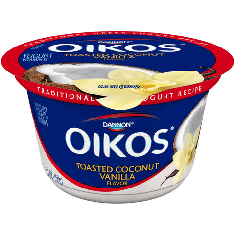 Oikos Toasted Coconut Vanilla Traditional Greek Yogurt, 5.3 Ounce -- 12 per case.