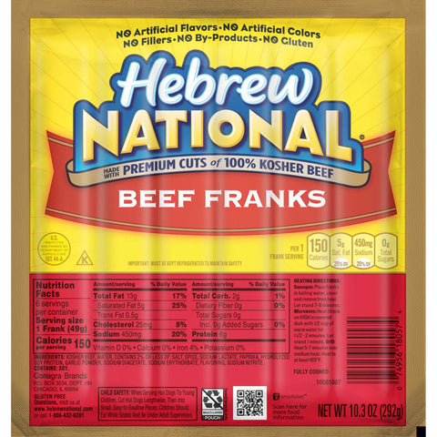 Hebrew National Original Beef Frank, 10.3 Ounce -- 12 per case.