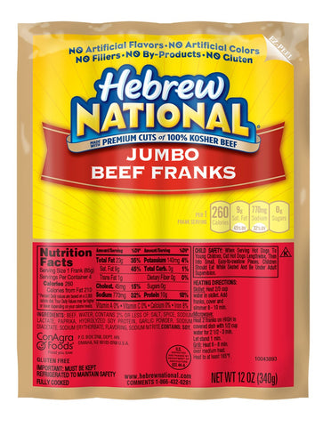 Hebrew National Jumbo Beef Frank, 12 Ounce -- 12 per case.